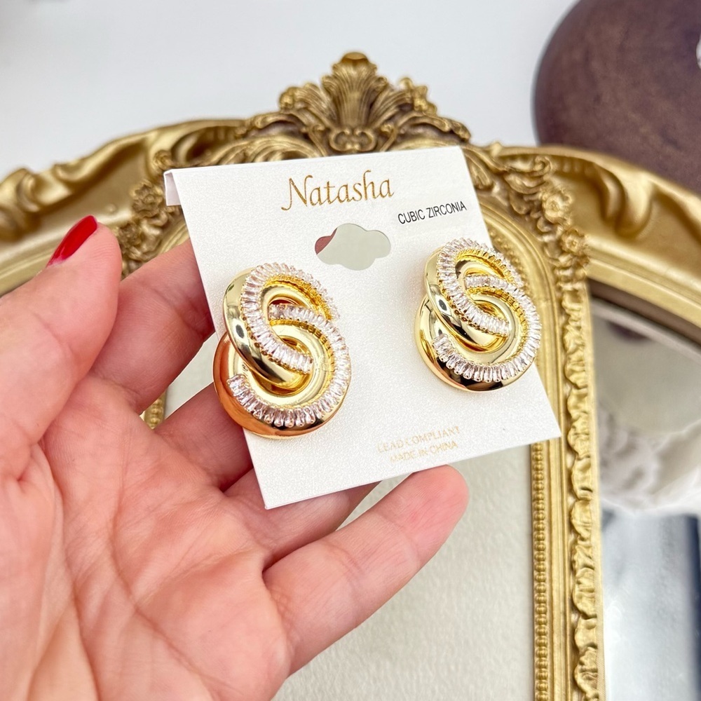 Natasha Gold-Tone Knot Earrings with Cubic Zirconia – Bold Statement Studs - Picture 6 of 13